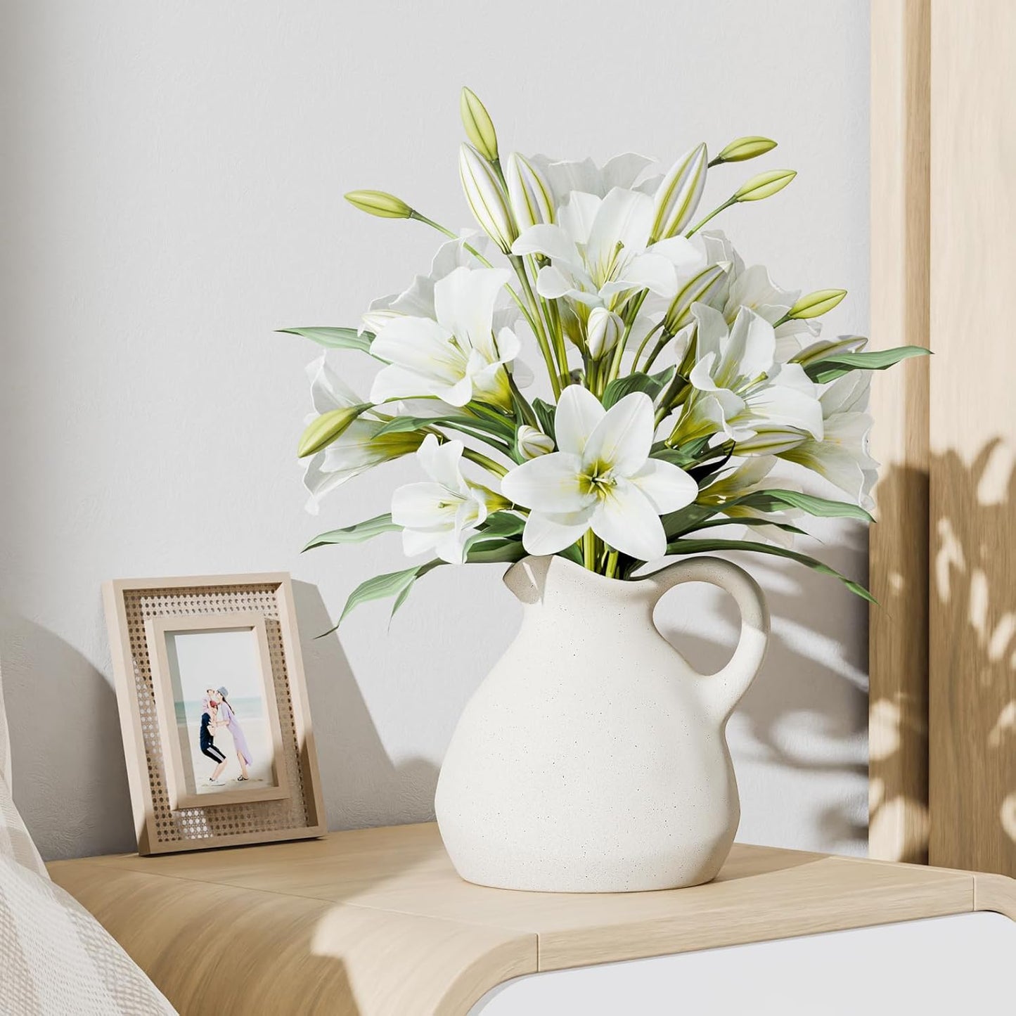 White Ceramic Pitcher Vase with Handle, Modern Farmhouse Jug Flower Vase for Home Decor, Centerpieces for Table, Living Room, Bedroom, Rustic Boho Decoration