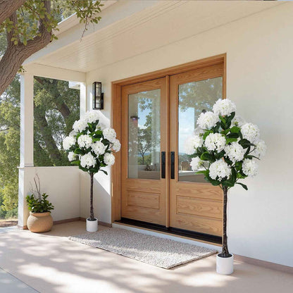 5 FT Artificial Hydrangea Tree- Large Faux Hydrangea Plants Indoor Outdoor，Fake Flower Trees with White Tall Planter for Home Garden,Front Decor