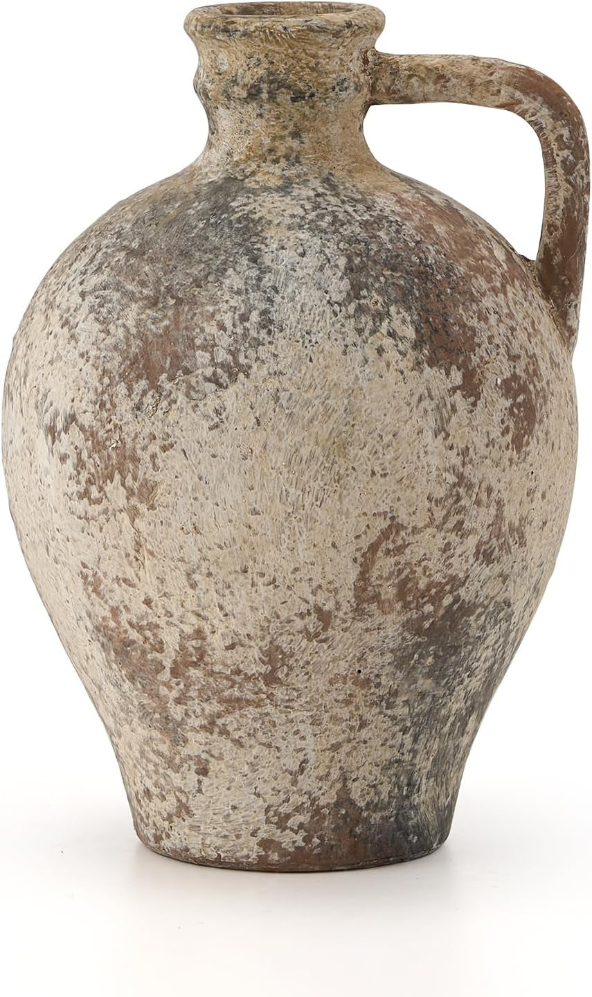 LUKA Rustic Farmhouse Terracotta Vase, 9.25 Inch with Handle, Neutral Tall Clay Vase for Living Room, Table, Shelf Decor (Off-White)
