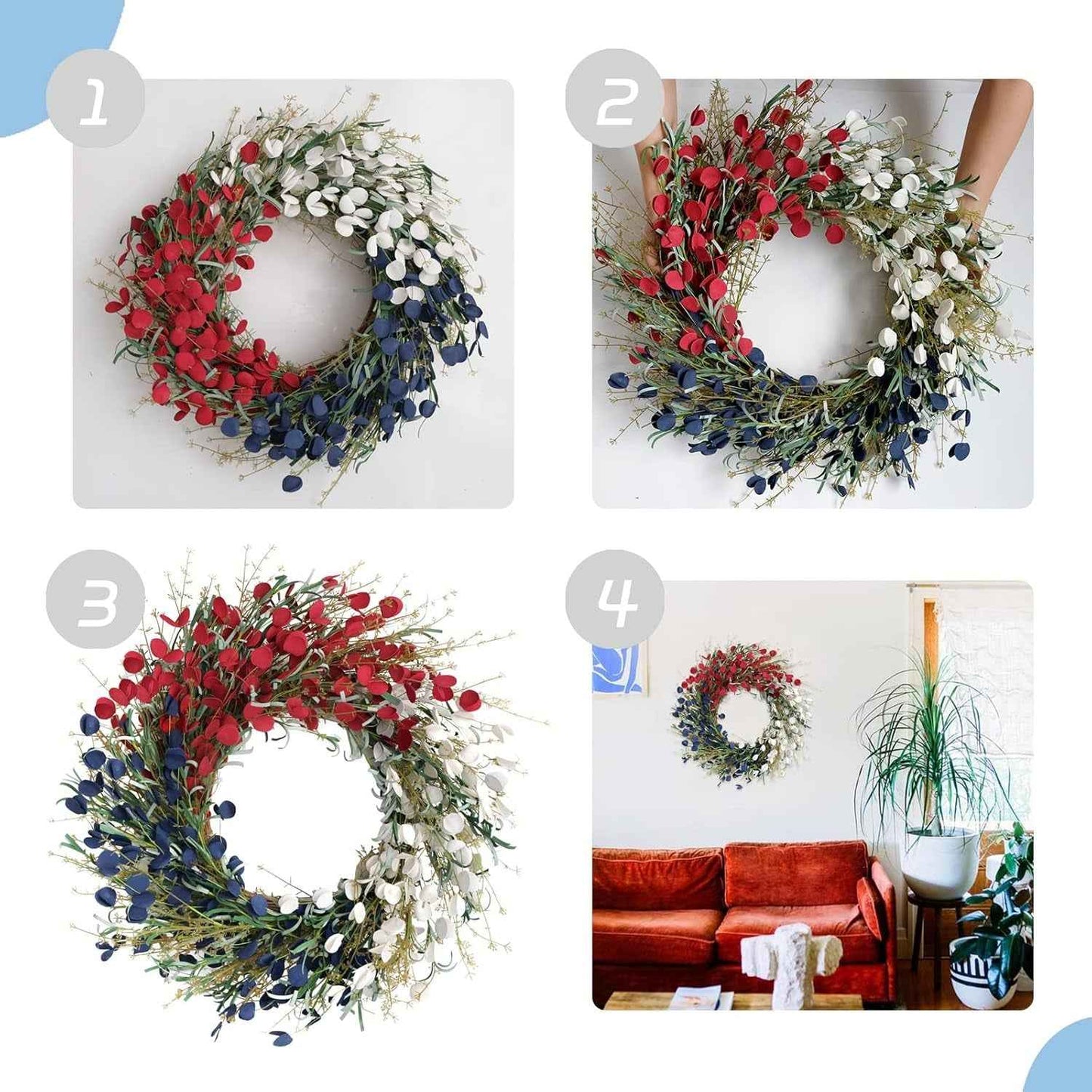 Bibelot 22 Inches American Flag Floral Wreaths Patriotic Decorations Wreath Red White Blue Artificial Floral Twig Wreath 4Th of July Independence Day Memorial Day Flag Day Hanging Decoration