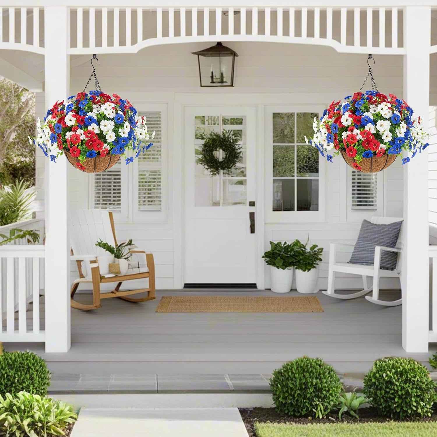 Hananona 2 Set Artificial Outdoor Flowers Hanging Basket with 24 Pcs Patriotic Flowers for Summer Front Porch Patio 4th of July Decor (2, Red, White, Blue)