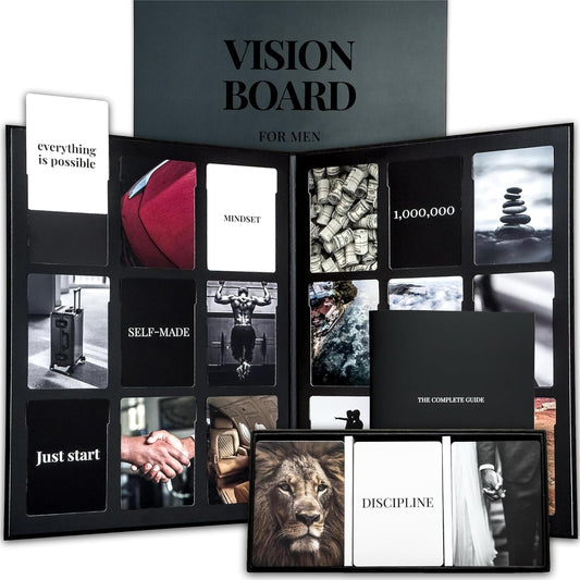 2026 Vision Board Kit for Men - 168 Cards with Diverse Pictures & Quotes, Black Foldable Board & Complete Guide Book | Manifestation Clip Art Collage Supplies for Male Adults | No Old Magazines Needed