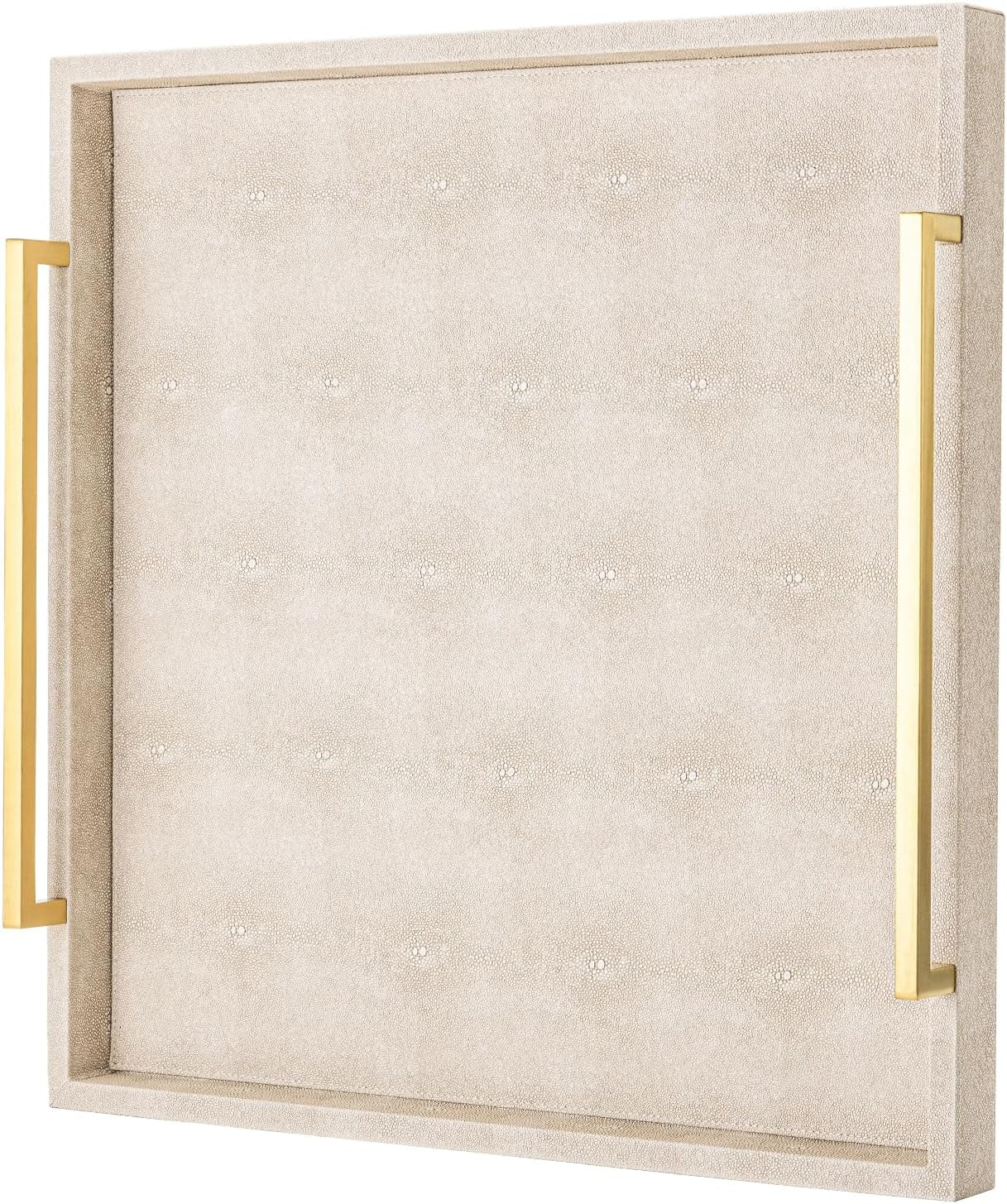 Ivory Shagreen Decorative Tray Large Rectangle Coffee Table Tray for Ottoman Faux Leather Serving Tray with Brushed Gold Handles