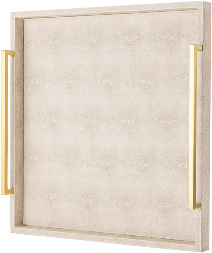 Ivory Shagreen Decorative Tray Large Rectangle Coffee Table Tray for Ottoman Faux Leather Serving Tray with Brushed Gold Handles