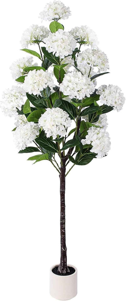 5 FT Artificial Hydrangea Tree- Large Faux Hydrangea Plants Indoor Outdoor，Fake Flower Trees with White Tall Planter for Home Garden,Front Decor
