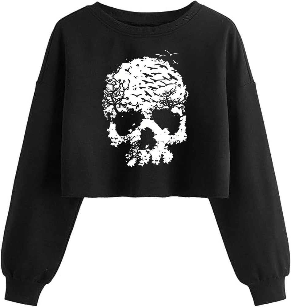 Women'S Retor Ghost Skull Crop Sweatshirt Fall Halloween Lantern Long Sleeve Pullover Spooky Season Sweatshirt