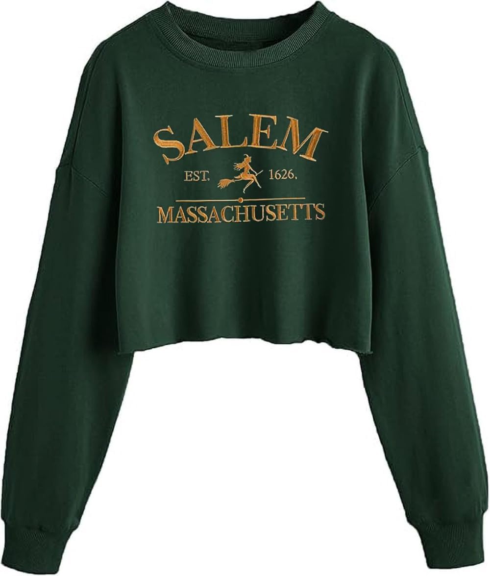 Women'S Witch Crop Sweatshirt Fall Halloween Vintage Graphic Lantern Long Sleeve Pullover Spooky Season Sweatshirt