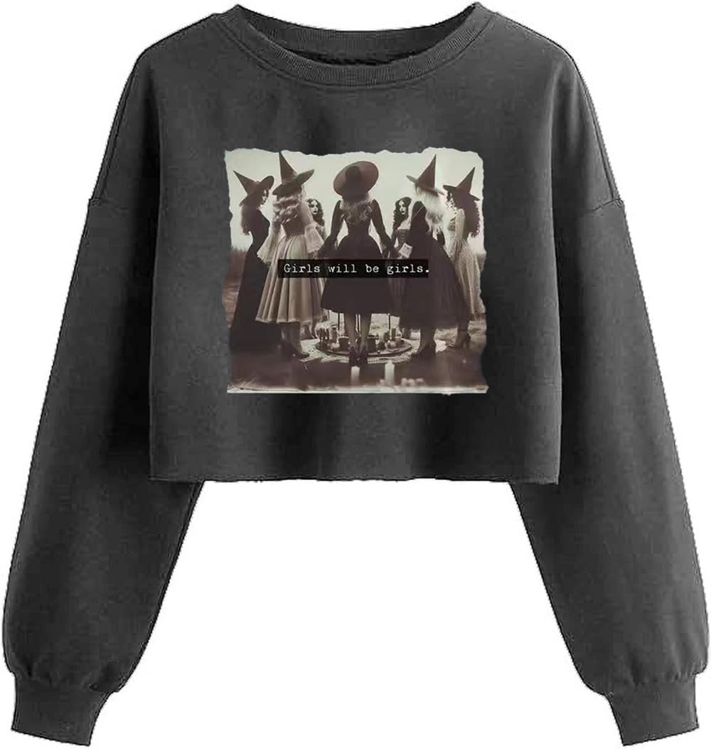 Women'S Witch Crop Sweatshirt Fall Halloween Vintage Graphic Lantern Long Sleeve Pullover Spooky Season Sweatshirt