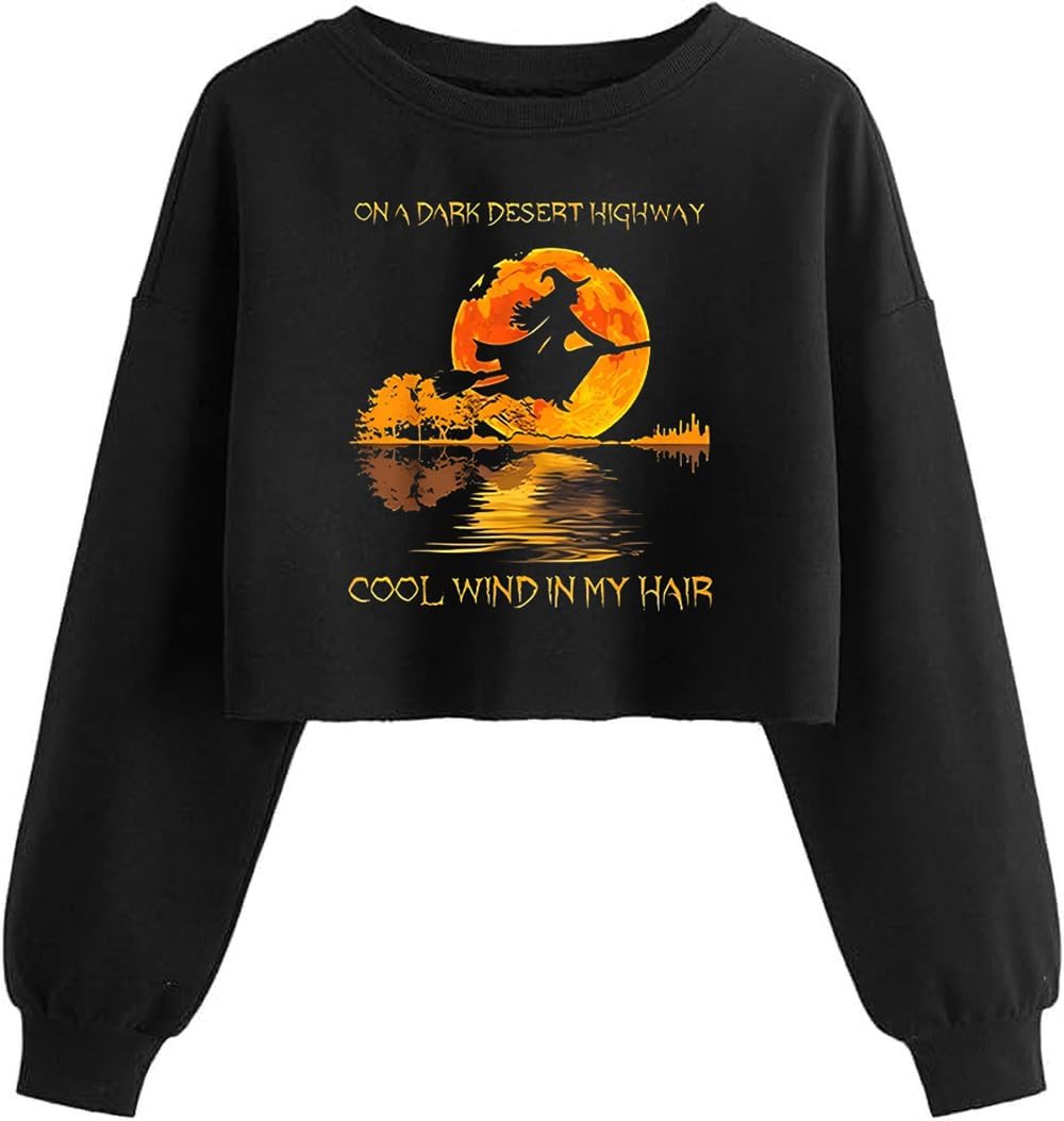 Women'S Witch Crop Sweatshirt Fall Halloween Vintage Graphic Lantern Long Sleeve Pullover Spooky Season Sweatshirt