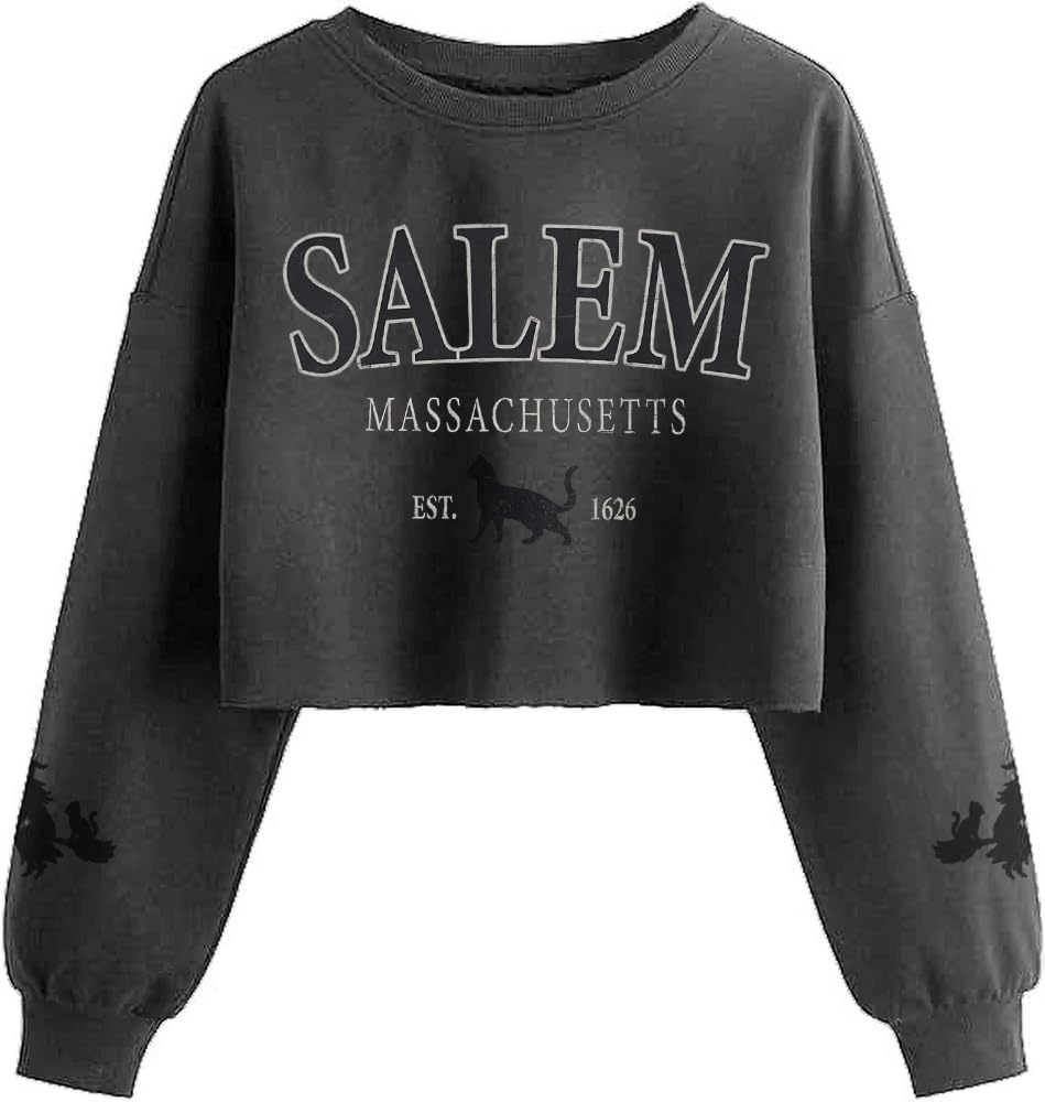 Women'S Witch Crop Sweatshirt Fall Halloween Vintage Graphic Lantern Long Sleeve Pullover Spooky Season Sweatshirt