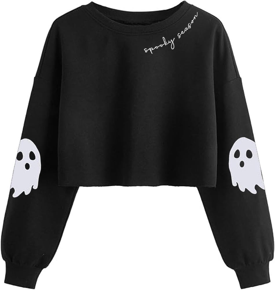 Women'S Retor Ghost Skull Crop Sweatshirt Fall Halloween Lantern Long Sleeve Pullover Spooky Season Sweatshirt