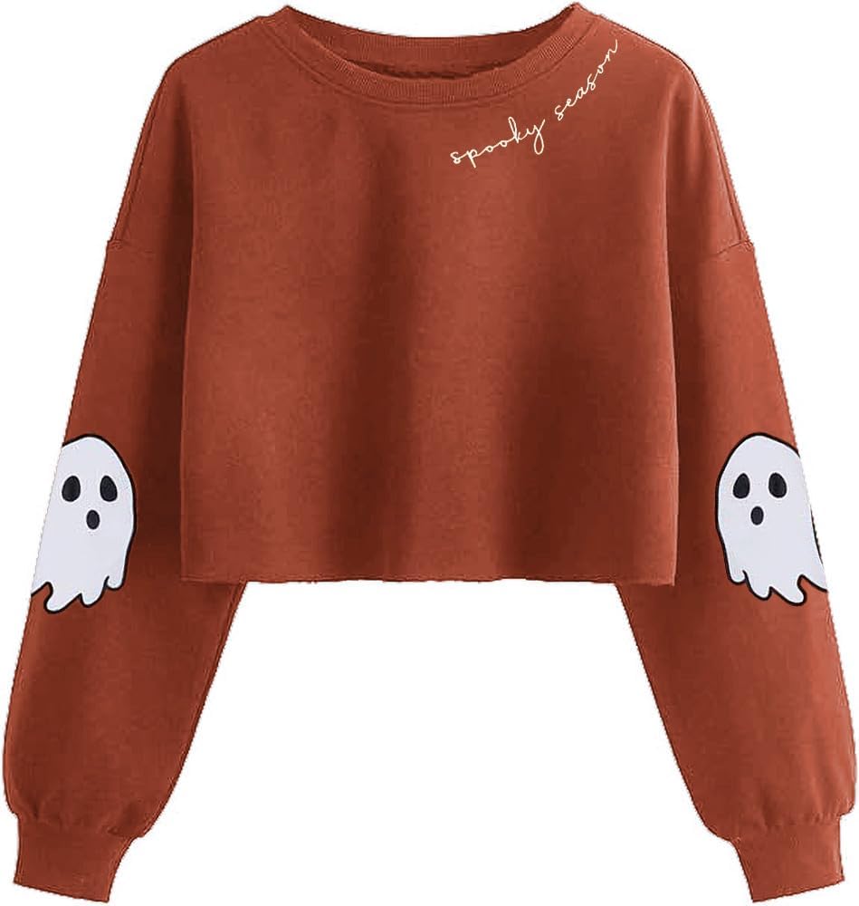 Women'S Retor Ghost Skull Crop Sweatshirt Fall Halloween Lantern Long Sleeve Pullover Spooky Season Sweatshirt
