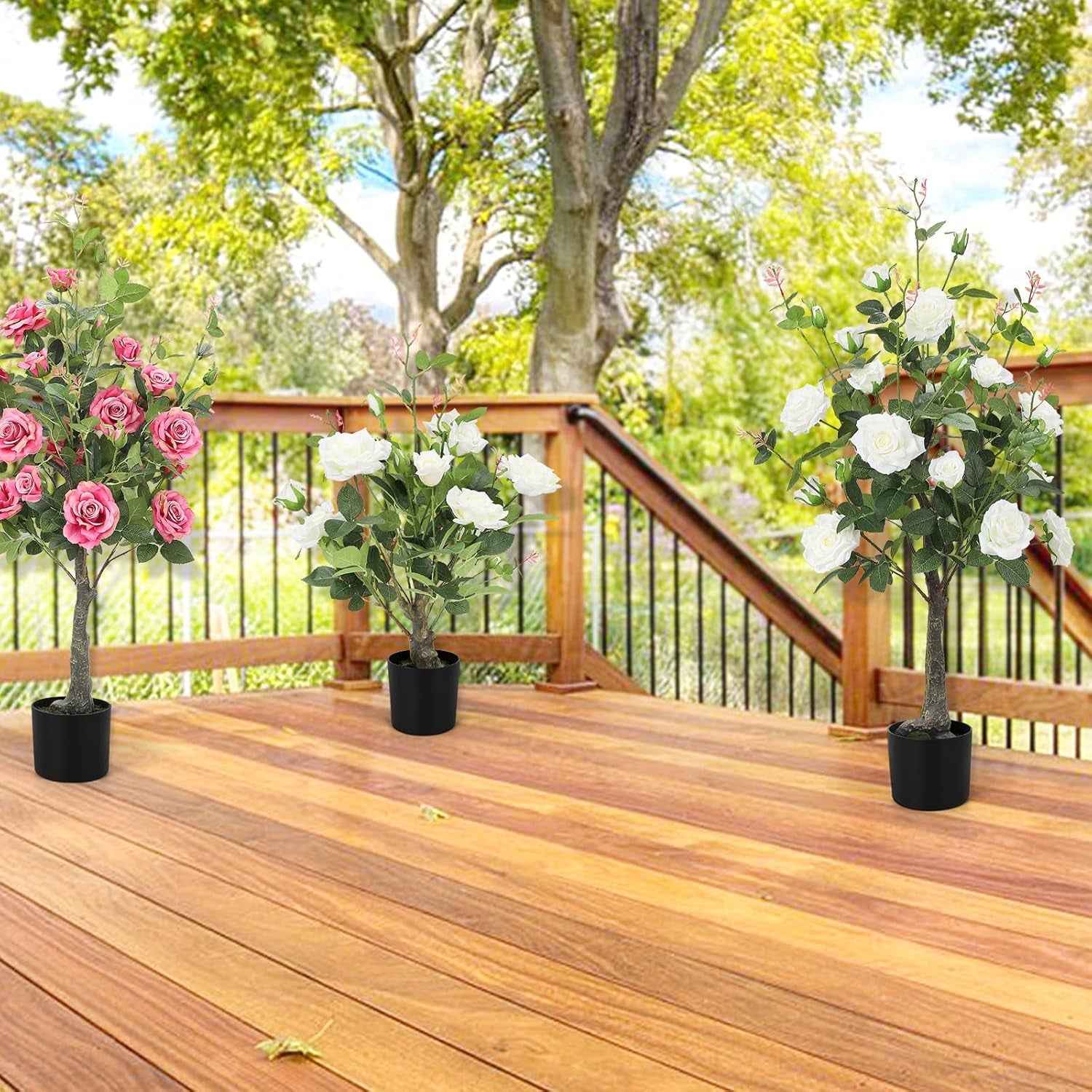 Romantic Season 2Pack Artificial Rose Flower Trees, 42Inch White Faux Rose Tree with Green Leaves for Living Room Office Home Outdoor Indoor Decor