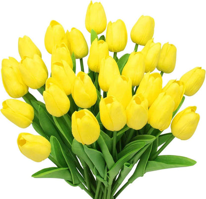 28Pcs White Flowers Artificial Tulip Stems Real Feel PU Tulips for Easter Spring Wreath Wedding Bouquet Centerpiece Floral Arrangement Cemetery Table Décor 13" Tall