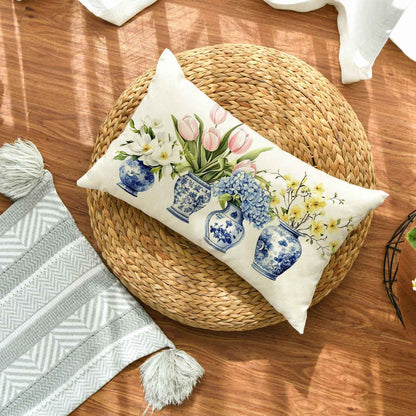 AVOIN Colorlife Blue and White Porcelain Vase Chinoiserie Throw Pillow Cover, 12 X 20 Inch Spring Flowers Tulip Hydrangea Cushion Case for Sofa Couch