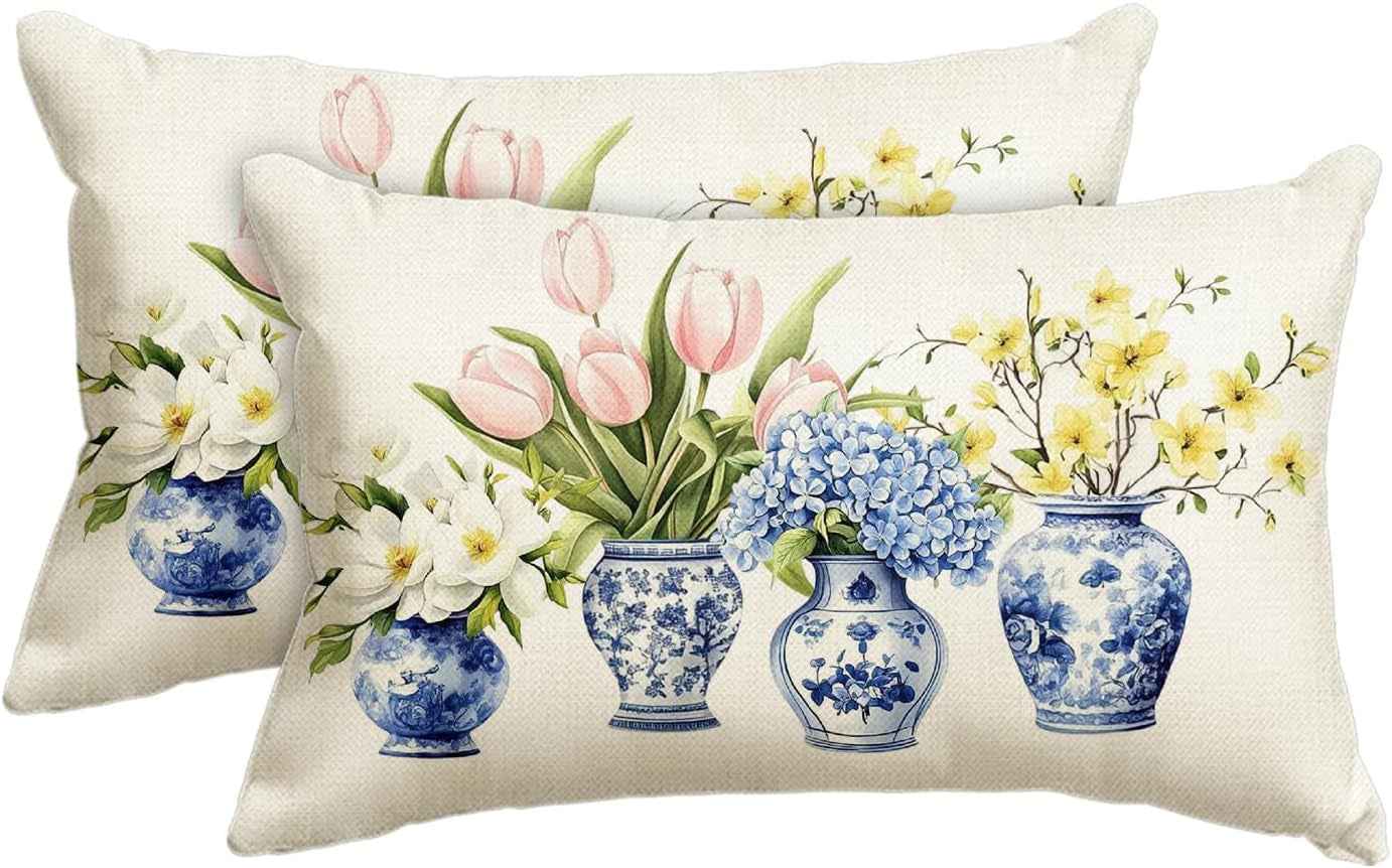 AVOIN Colorlife Blue and White Porcelain Vase Chinoiserie Throw Pillow Cover, 12 X 20 Inch Spring Flowers Tulip Hydrangea Cushion Case for Sofa Couch