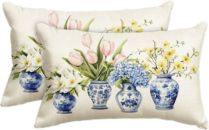 AVOIN Colorlife Blue and White Porcelain Vase Chinoiserie Throw Pillow Cover, 12 X 20 Inch Spring Flowers Tulip Hydrangea Cushion Case for Sofa Couch