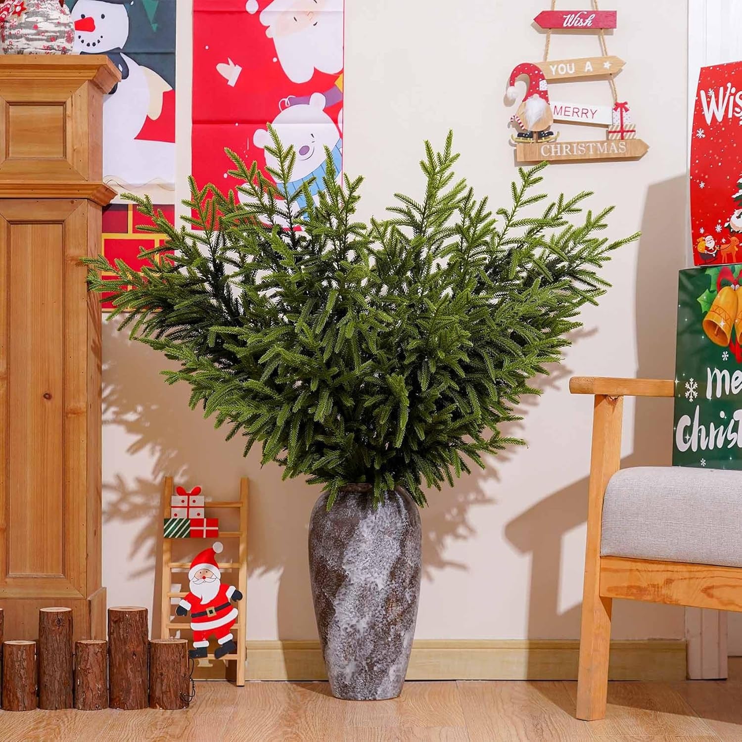 6 Pcs Christmas Norfolk Pine Branches - 36" Artificial Norfolk Branch Faux Stem Greenery Pine Picks for Vase DIY Crafts Garland Wreath Xmas Indoor Outdoor Home Decor