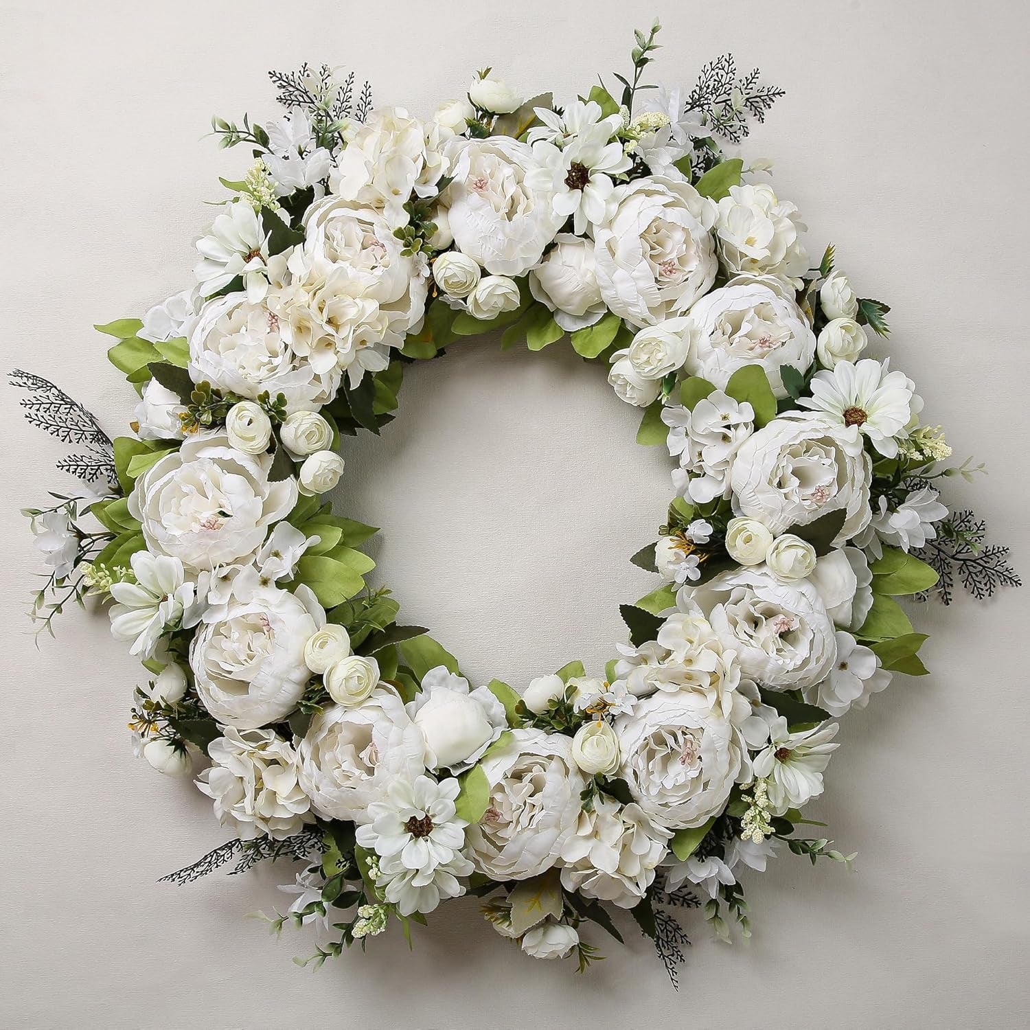 Peony Wreath 23'' Spring Wreaths for Front Door, Artificial Large Floral Wreath for Front Door Wall Decor, Valentine’S Day Home Wedding Housewarming Gift Ezsenses (White)