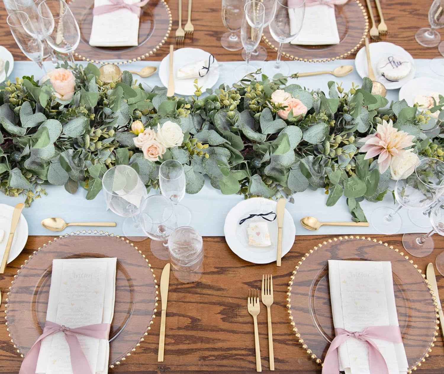 Ouddy Decor Eucalyptus Garland 6.56 Ft Lush Silver Dollar Leaves Boxwood Artificial Faux Greenery Vines for Baby Shower Wedding Party Table Runner Room Home Mantle Decor
