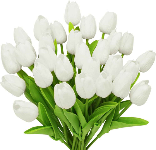 28Pcs White Flowers Artificial Tulip Stems Real Feel PU Tulips for Easter Spring Wreath Wedding Bouquet Centerpiece Floral Arrangement Cemetery Table Décor 13" Tall