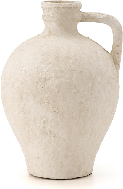 LUKA Rustic Farmhouse Terracotta Vase, 9.25 Inch with Handle, Neutral Tall Clay Vase for Living Room, Table, Shelf Decor (Off-White)