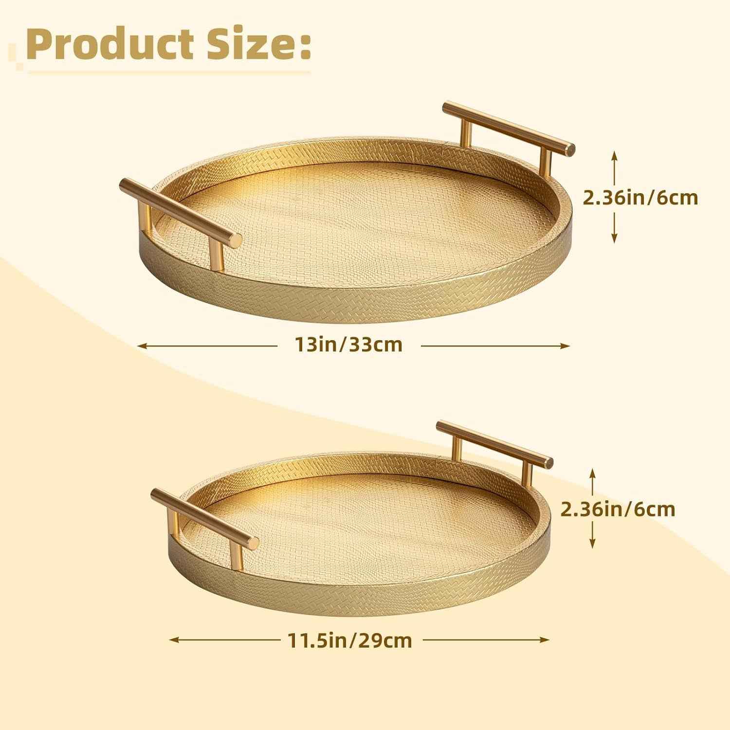 2 Piece Golden round Serving Tray with Handles, Woven-Texture Faux Leather Ottoman Tray for Living Room, Decorative Tray for Coffee Table Home Decor