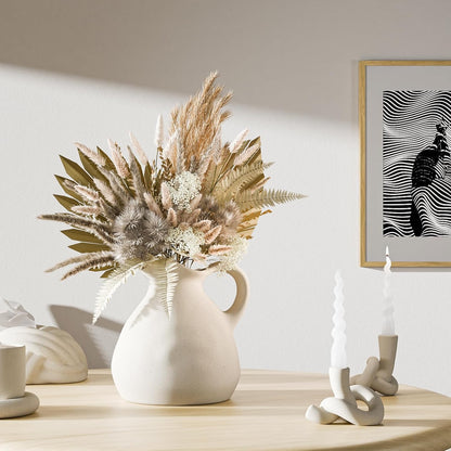 White Ceramic Pitcher Vase with Handle, Modern Farmhouse Jug Flower Vase for Home Decor, Centerpieces for Table, Living Room, Bedroom, Rustic Boho Decoration