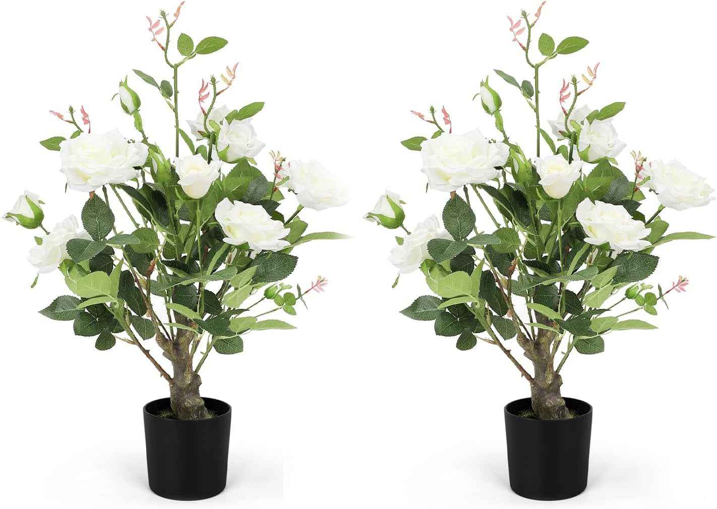 Romantic Season 2Pack Artificial Rose Flower Trees, 42Inch White Faux Rose Tree with Green Leaves for Living Room Office Home Outdoor Indoor Decor