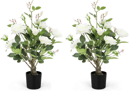 Romantic Season 2Pack Artificial Rose Flower Trees, 42Inch White Faux Rose Tree with Green Leaves for Living Room Office Home Outdoor Indoor Decor
