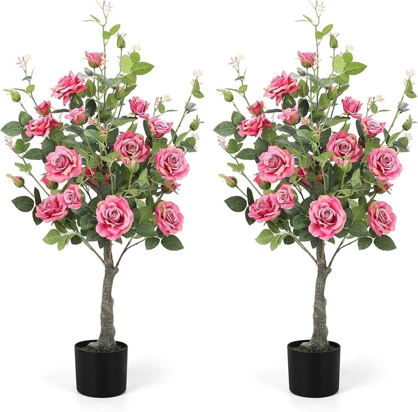 Romantic Season 2Pack Artificial Rose Flower Trees, 42Inch White Faux Rose Tree with Green Leaves for Living Room Office Home Outdoor Indoor Decor