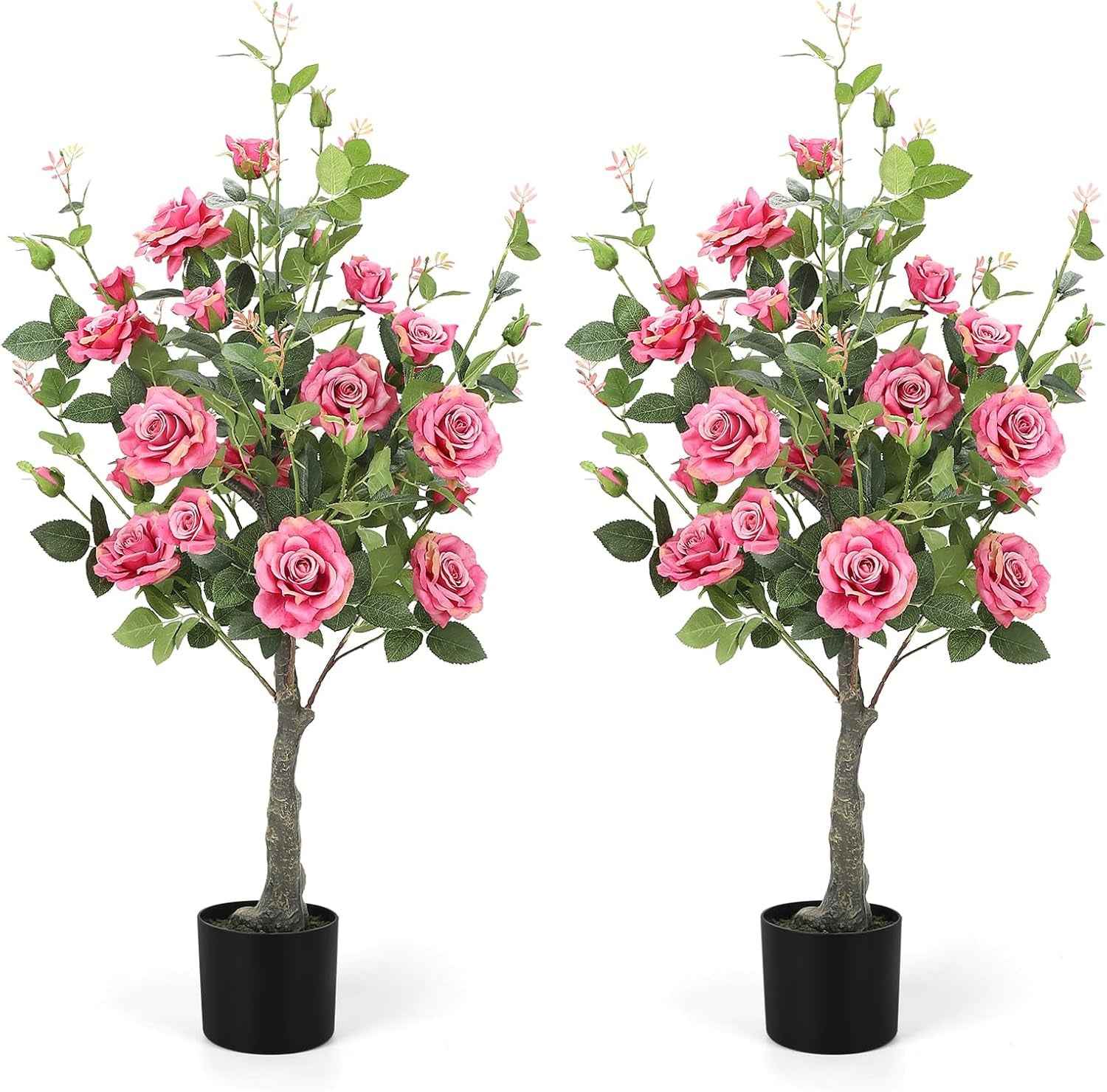 Romantic Season 2Pack Artificial Rose Flower Trees, 42Inch White Faux Rose Tree with Green Leaves for Living Room Office Home Outdoor Indoor Decor