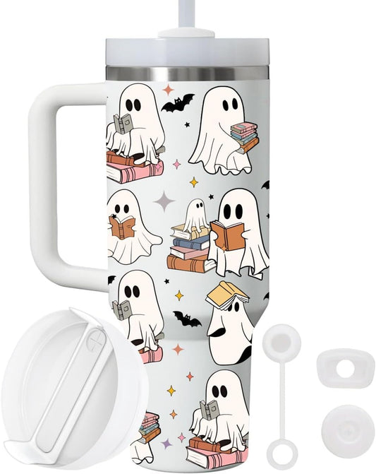 Spooky Stainless Steel Tumbler with Lid and Straw, 40Oz Insulated Cup, Cute Ghost Reading Book Lover Gift, Themed Tumbler for Halloween Season