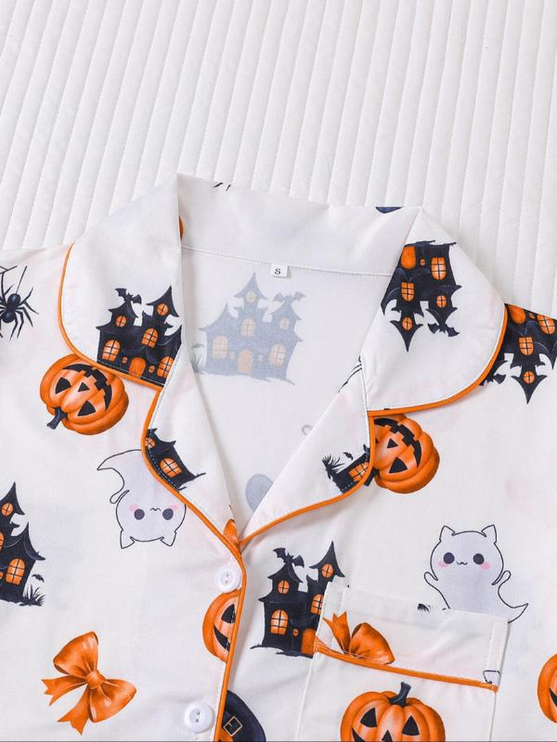 Women'S Ghost Print Shirt & Elastic Waist Shorts Pyjama, Casual Comfy Short Sleeve Top & Shorts Pj Set, Ladies Sleepwear for All Seasons, Loungewear