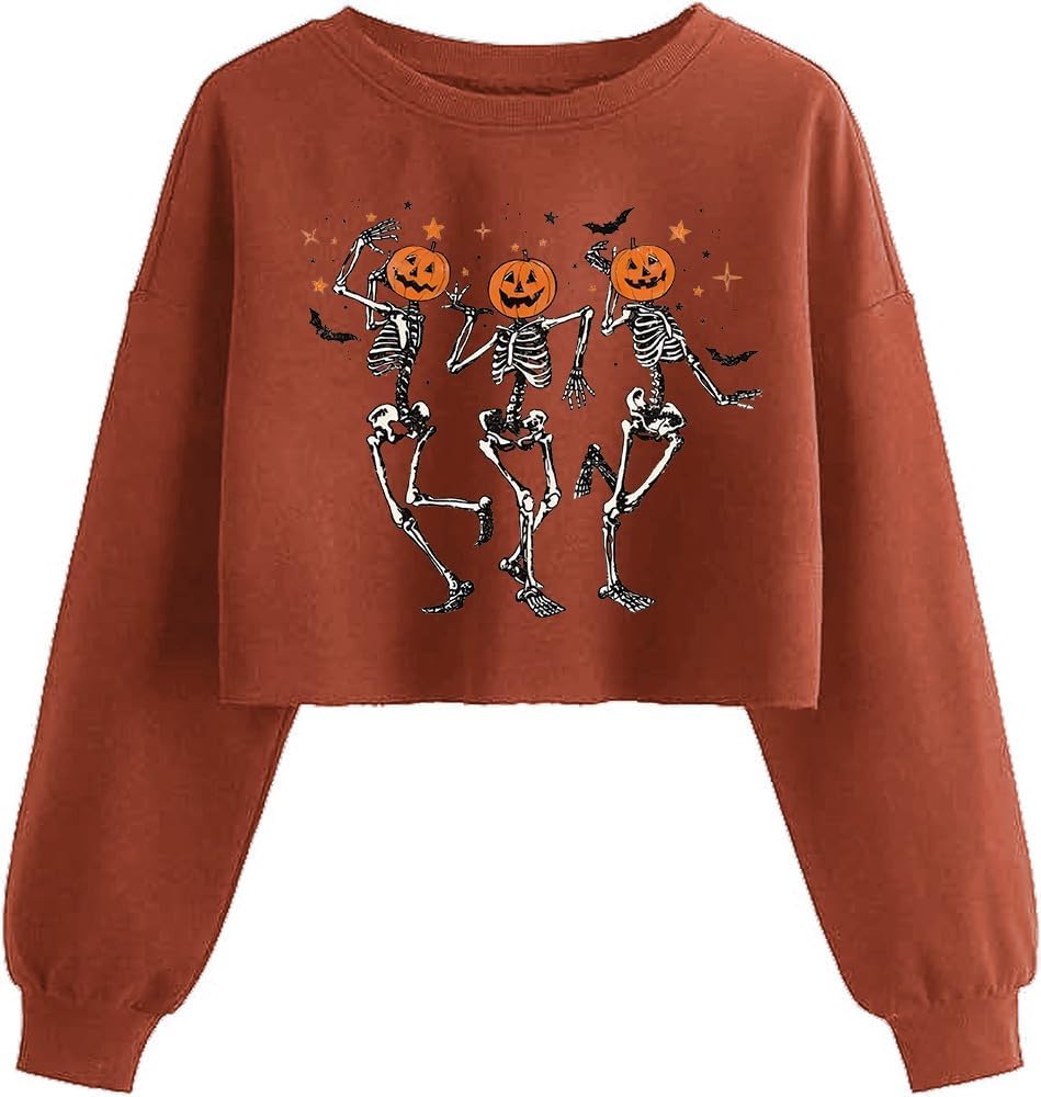 Women'S Retor Ghost Skull Crop Sweatshirt Fall Halloween Lantern Long Sleeve Pullover Spooky Season Sweatshirt