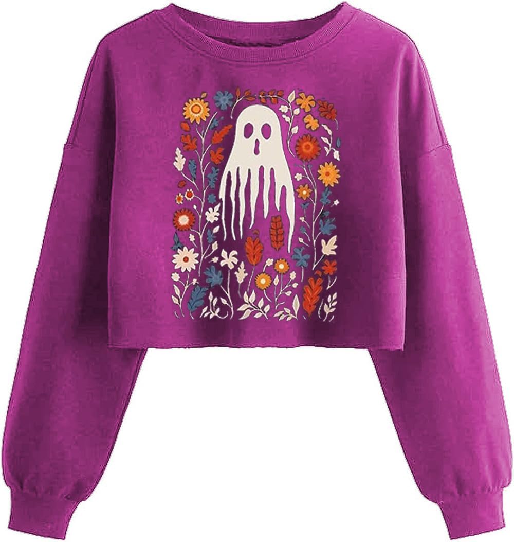 Women'S Witch Crop Sweatshirt Fall Halloween Vintage Graphic Lantern Long Sleeve Pullover Spooky Season Sweatshirt