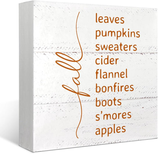 Mtrgdn Fall Decorations for Home,Autumn Decorations Indoor for Home,Office,Kitchen,Batheroom,Bedroom,Farmhouse Rustic Fall Saying Wooden Box Sign for Table Desk Shelf Wall Decor,5X5 Inch