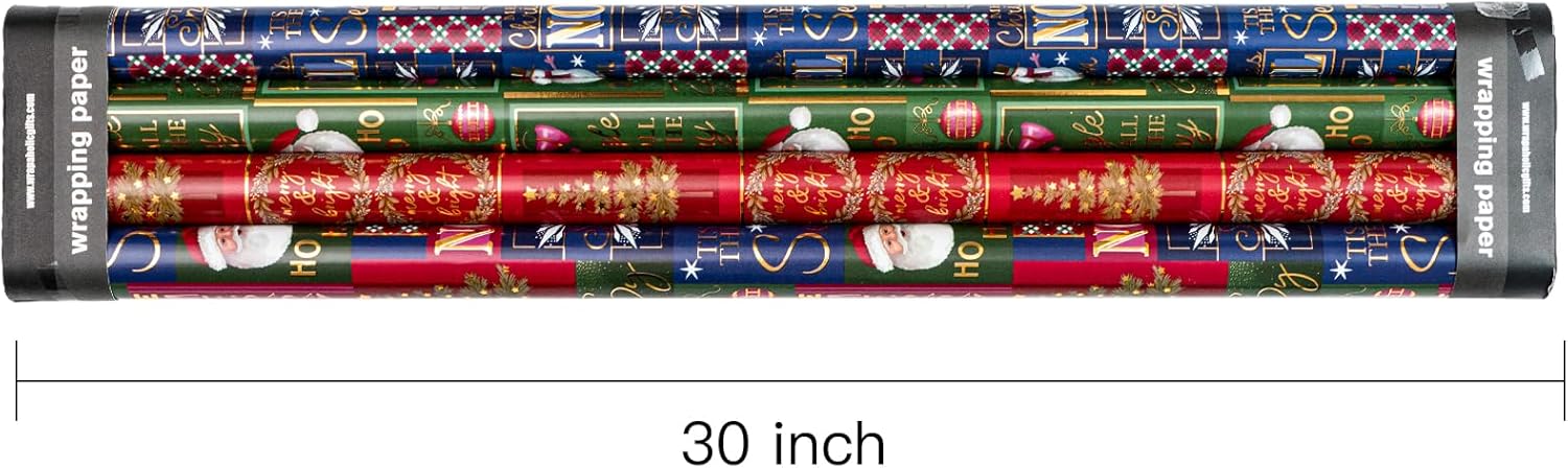 RUSPEPA Christmas Wrapping Paper - Santa Claus, Snowman, Christmas Tree and Bell Design - 4 Rolls - 30 Inches X 10 Feet per Roll