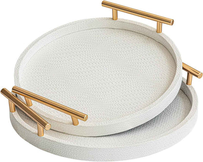 2 Piece Golden round Serving Tray with Handles, Woven-Texture Faux Leather Ottoman Tray for Living Room, Decorative Tray for Coffee Table Home Decor
