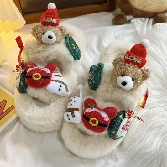 Christmas Women Bear Cotton Plush Slippers 2025 Winter Warm Fluffy Fur Slippers Non-Slip Sole Indoor Home Couple Shoes for Gift