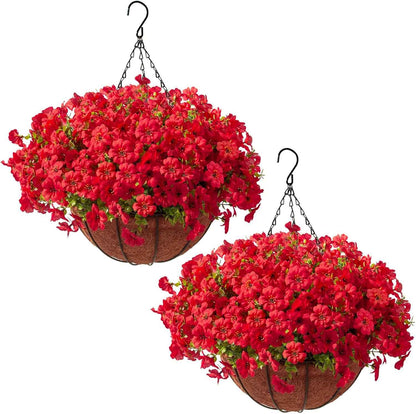 Hananona 2 Set Artificial Outdoor Flowers Hanging Basket with 24 Pcs Patriotic Flowers for Summer Front Porch Patio 4th of July Decor (2, Red, White, Blue)