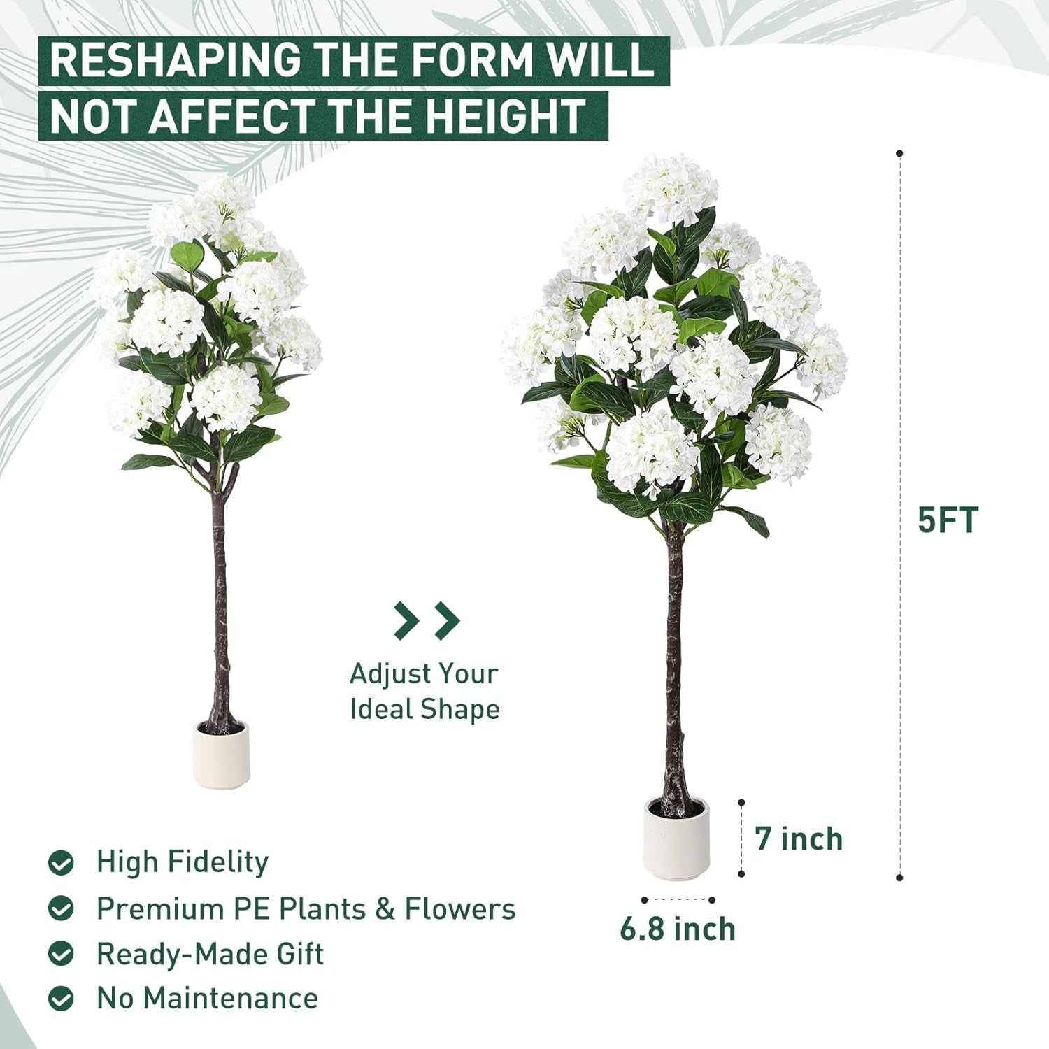5 FT Artificial Hydrangea Tree- Large Faux Hydrangea Plants Indoor Outdoor，Fake Flower Trees with White Tall Planter for Home Garden,Front Decor
