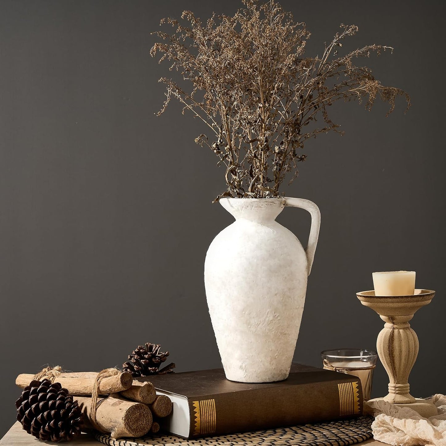 LUKA Rustic Farmhouse Terracotta Vase, 9.25 Inch with Handle, Neutral Tall Clay Vase for Living Room, Table, Shelf Decor (Off-White)