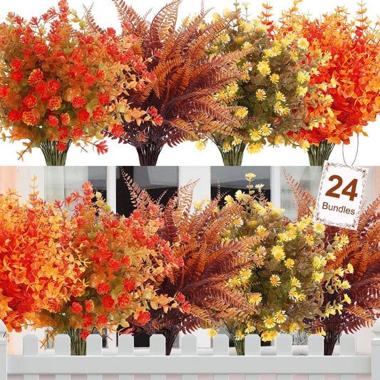 Scidweet 24 Pcs Artificial Fall Flowers, Fake Fall Decorations for Home Autumn Outdoor Garden Decor