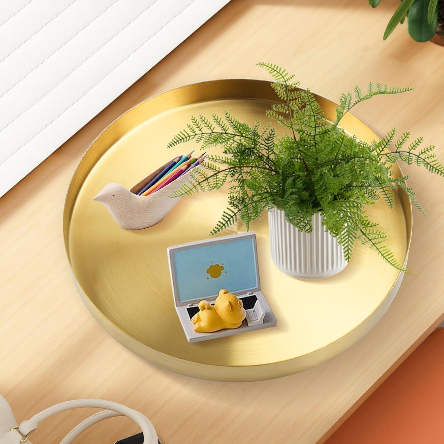 12 Inch Golden round Platter Tray, Trays for Domestic Purposes, Stainless Steel Serving, Circle Decorative Tray, Vanity Tray for Centerpiece Home Decor