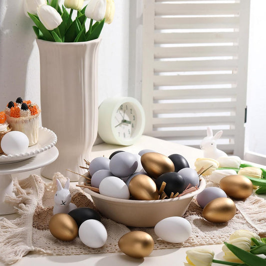 Gejoy 24 Pcs Neutral Easter Eggs Plastic Fake Chicken Eggs 2.36 Inch Vintage Boho Easter Decor Pastel Bowl Vase Fillers Farmhouse Spring Decorations for Home Table DIY Craft (Minimal)