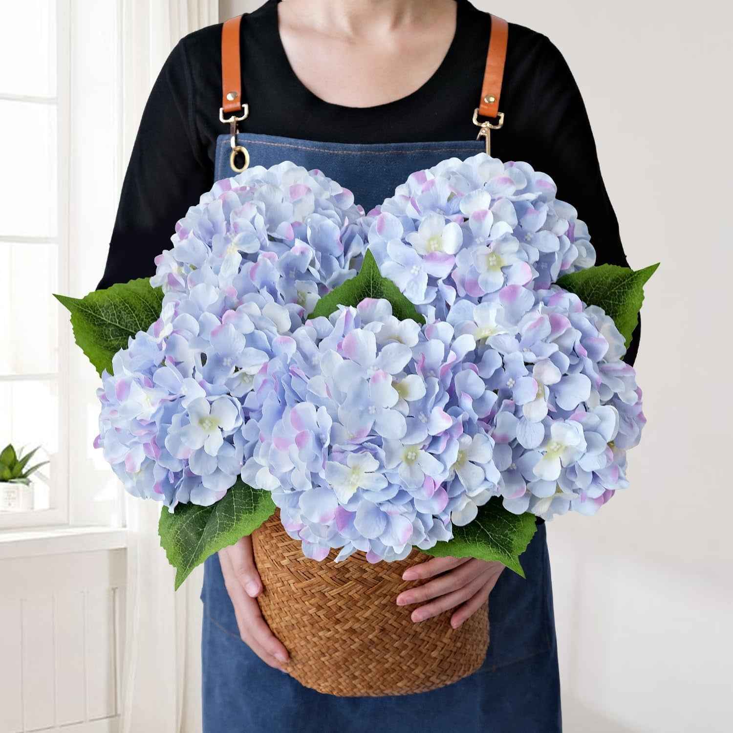 Blue Flowers Hydrangea Artificial Flowers, 5Pcs 20Inch Large Lifelike Silk Artificial Hydrangeas, Full Fake Flowers for Bouquet Table Centerpieces Wedding Indoor Home