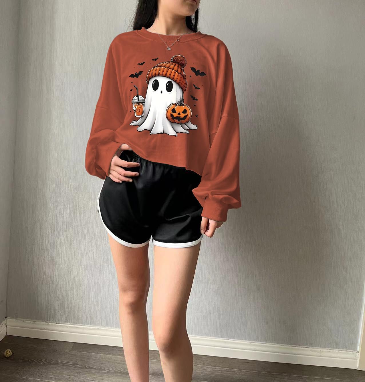 Women'S Retor Ghost Skull Crop Sweatshirt Fall Halloween Lantern Long Sleeve Pullover Spooky Season Sweatshirt
