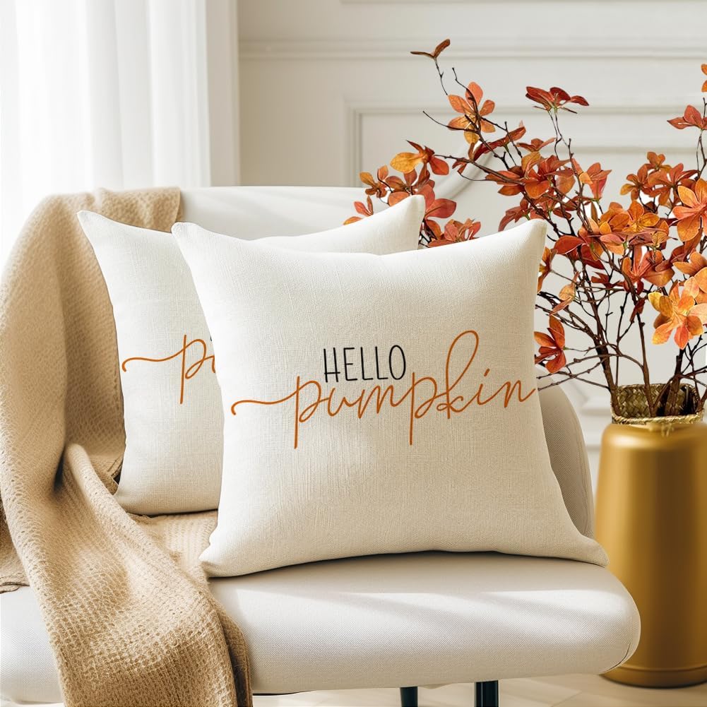 RABUSOFA Fall Pillow Covers 20X20 Hello Pumpkin Autum Pillows Decorative Throw Pillows,Outdoor Thanksgiving Cushion Cover Farmhosue Fall Decorations for Home Couch Sofa Square White