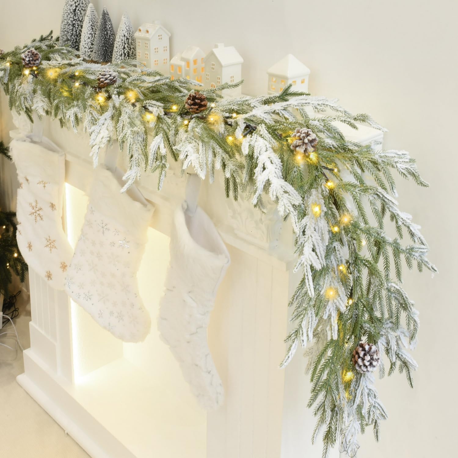 Yoleshy 6FT Real Touch Norfolk Pine Garland with Pinecone and White Snow Battery Operated Prelit Christmas Decorations for Mantle Fireplace